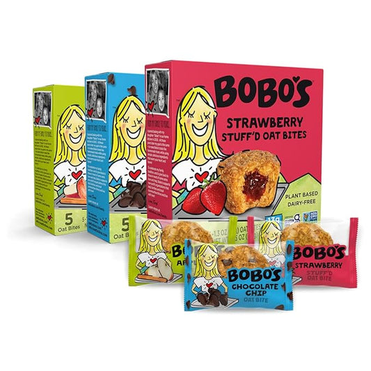 Bobo's Oat Bites Stuff'd Variety Pack (Strawberry, Original Chocolate Chip, and Apple Pie), Pack of 30 (1.3 oz Bites), Gluten Free Whole Grain Rolled Oats