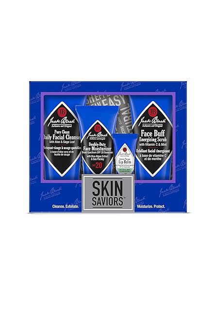 Jack Black Skin Saviors Set – Pure Clean Daily Facial Cleanser, Double-Duty Face Moisturizer SPF 20, Intense Therapy Lip Balm SPF 25 Natural Mint & Shea Butter, & Face Buff Energizing Scrub