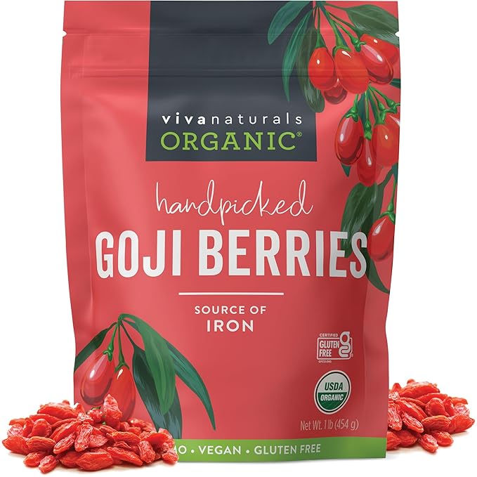 Organic Dried Goji Berries, 1 lb Non-GMO and Vegan Organic Berries, Dried Berries Perfect for Goji Berry Powder, Tea, Smoothies, Baking and Snacks, Goji Berries Organic Dried (454 g)