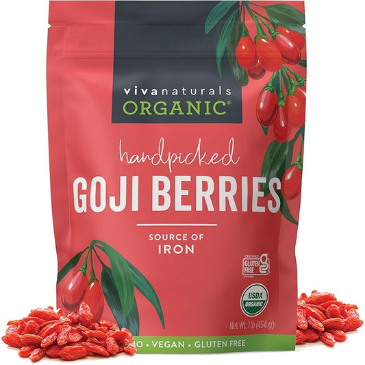 Organic Dried Goji Berries, 1 lb Non-GMO and Vegan Organic Berries, Dried Berries Perfect for Goji Berry Powder, Tea, Smoothies, Baking and Snacks, Goji Berries Organic Dried (454 g)