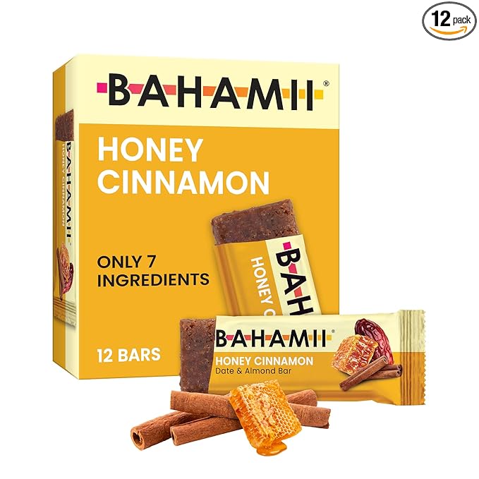 Bahamii Date and Almond Bars, Honey Cinnamon - Non GMO Healthy Snacks, Gluten Free - Dairy Free, Organic Honey, Kosher - 12 Count