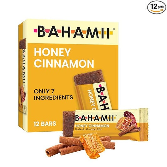 Bahamii Date and Almond Bars, Honey Cinnamon - Non GMO Healthy Snacks, Gluten Free - Dairy Free, Organic Honey, Kosher - 12 Count