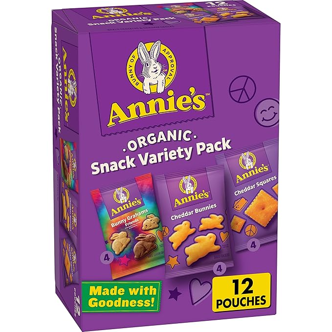 Annie's Organic Variety Pack, Cheddar Bunnies, Bunny Grahams and Cheddar Squares, Stocking Stuffer, 12 Pouches, 11 oz