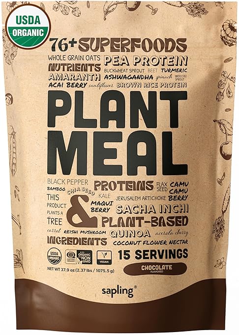 Plant Meal Replacement Shake - Chocolate - 25g of Plant Based Vegan Protein Powder, 76+ Organic Superfoods, Vitamins & Minerals, Mushrooms, Super Greens, Digestive Enzymes & Probiotics - 15 Servings