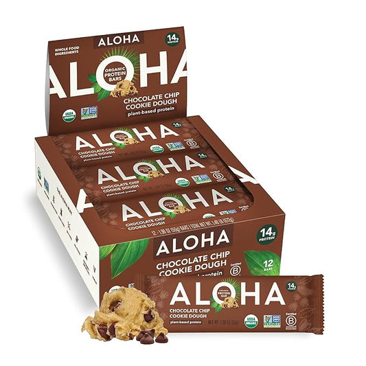 Aloha Organic Plant Based Protein Bars Chocolate Chip Cookie Dough, 1.98 Oz,(Pack of 12)