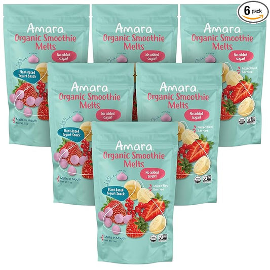 Amara Smoothie Melts - Mixed Red Berries - Baby Snacks Made With Fruits and Vegetables - Healthy Toddler Snacks For Your Kids Lunch Box - Organic Plant Based Yogurt Melts - 6 Resealable Bags