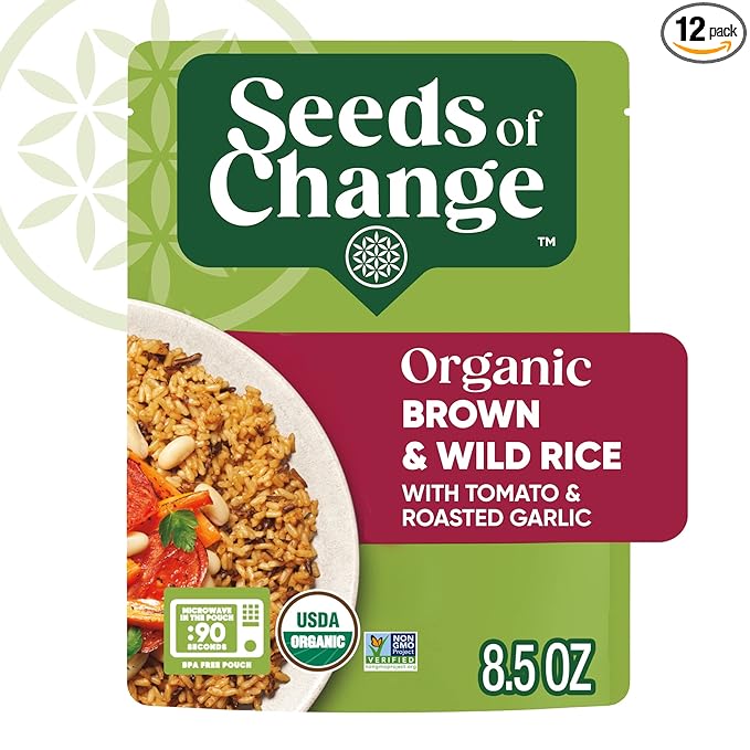 SEEDS OF CHANGE Certified Organic Brown and Wild Rice with Tomato & Roasted Garlic, Organic Food, 8.5 oz Pouch (Pack of 12)