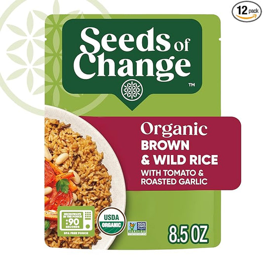 SEEDS OF CHANGE Certified Organic Brown and Wild Rice with Tomato & Roasted Garlic, Organic Food, 8.5 oz Pouch (Pack of 12)