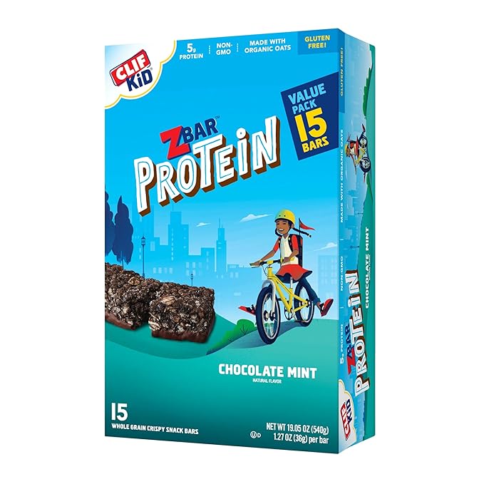 CLIF Kid Zbar Protein - Chocolate Mint - Crispy Whole Grain Snack Bars - Made with Organic Oats - Non-GMO - 5g Protein - 1.27 oz. (15 Pack)