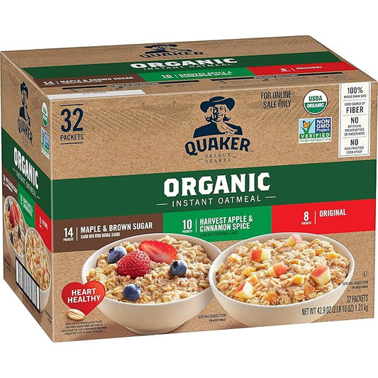 QUAKER Instant Oatmeal, USDA Organic, Non-GMO Project Verified, 3 Flavor Variety Pack, Individual Packets, 32 Count (Pack of 1)