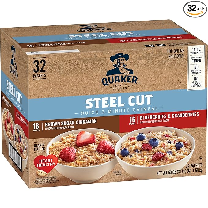 Quaker Steel Cut Quick 3-Minute Oatmeal, 2 Flavor Variety Pack, Individual Packets, 32 Count