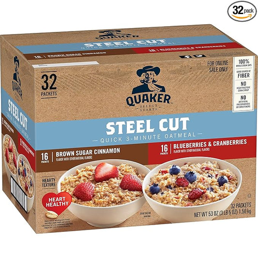 Quaker Steel Cut Quick 3-Minute Oatmeal, 2 Flavor Variety Pack, Individual Packets, 32 Count